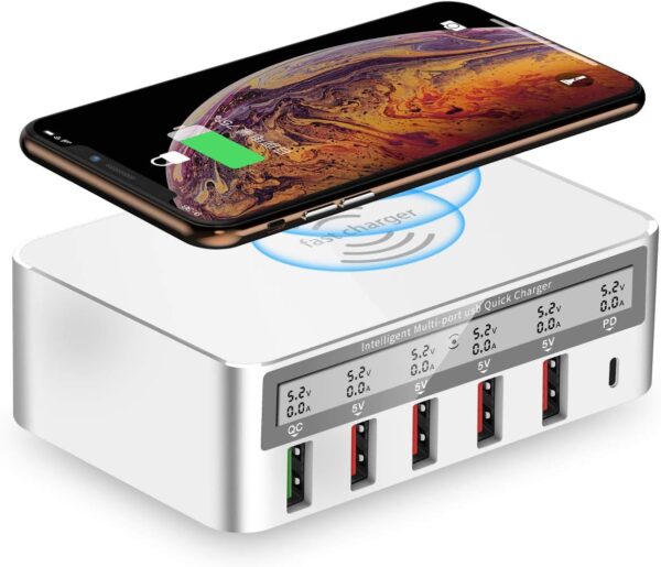 818F 5 USB Ports + Type-C Multifunctional Multi-Port Wireless Charger, Style: UK Plug