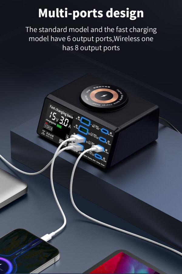 QIANLI MEGA-IDEA PQW110 15W Type-C*4/USB*4 Fast Charging Digital Display with Wireless Desktop Power Supply for Phone/iPad 100-240V EU Adapter